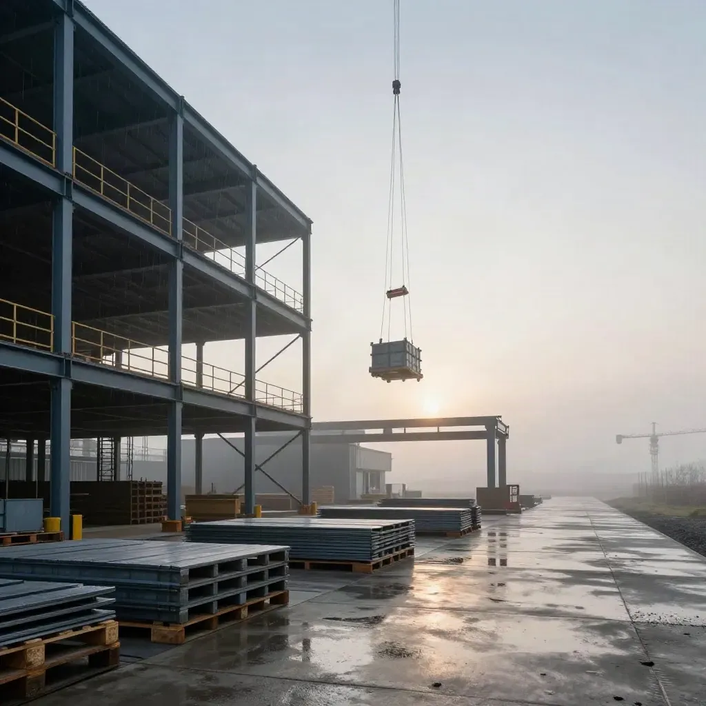 Warehouse shell at dawn with steel frame, dock bays and a roof cassette in mist.