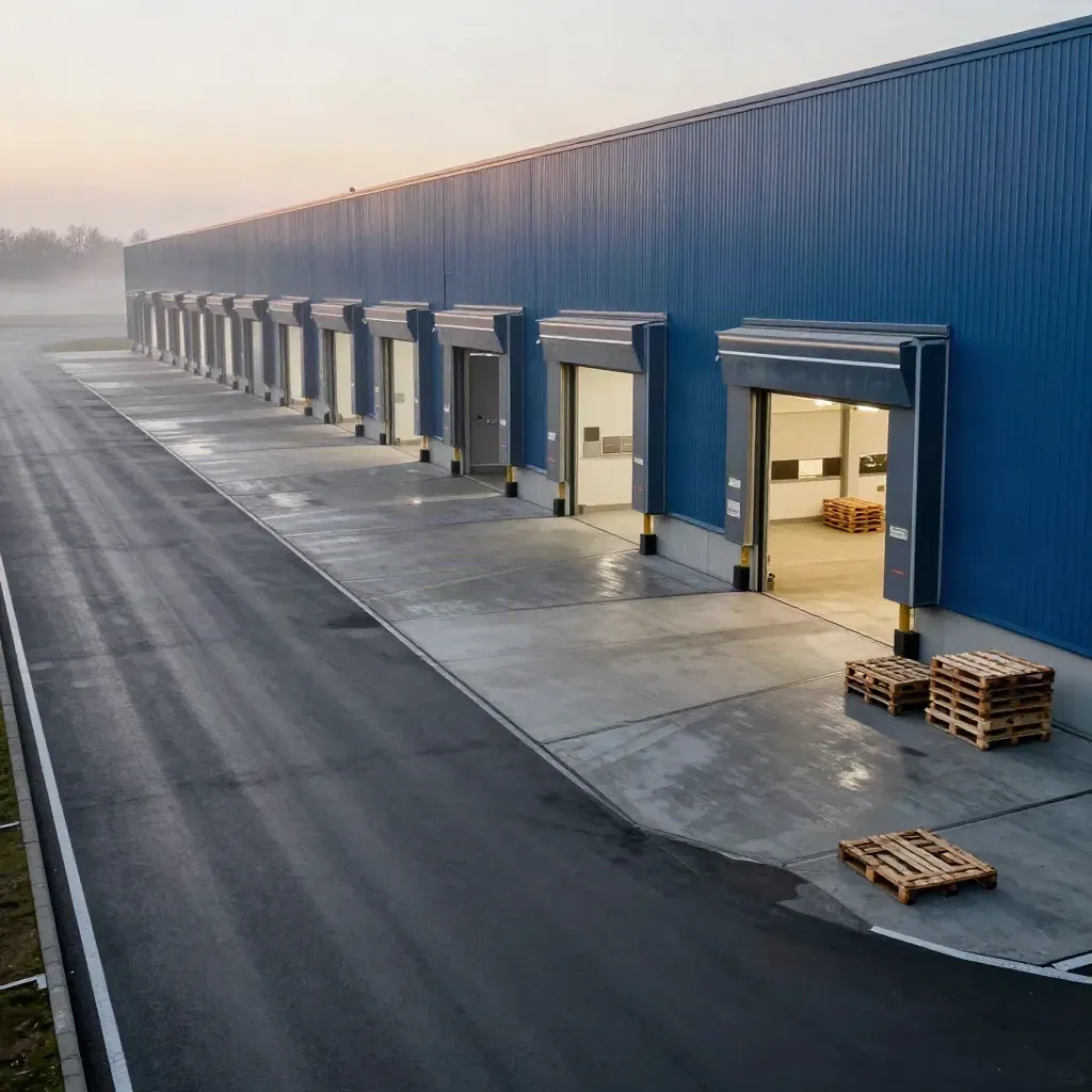 Empty logistics hub with dock bays, misty yard, and glowing warehouse lights at dawn
