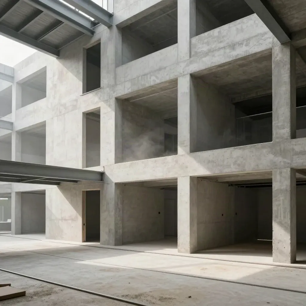 Finished two-floor office shell with concrete cores, raw openings and soft daylight