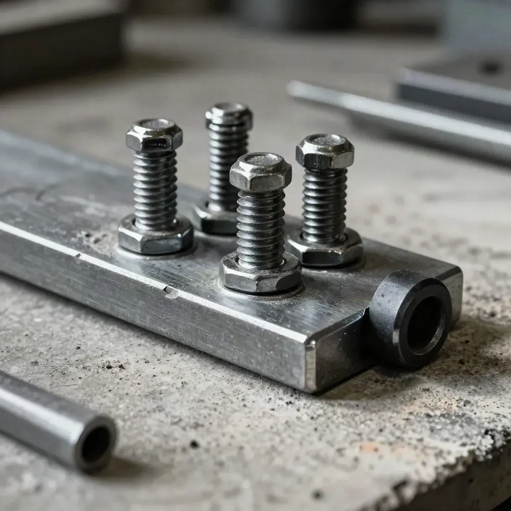 Extreme macro of steel gusset plate, bolts, and spacer on a concrete bench