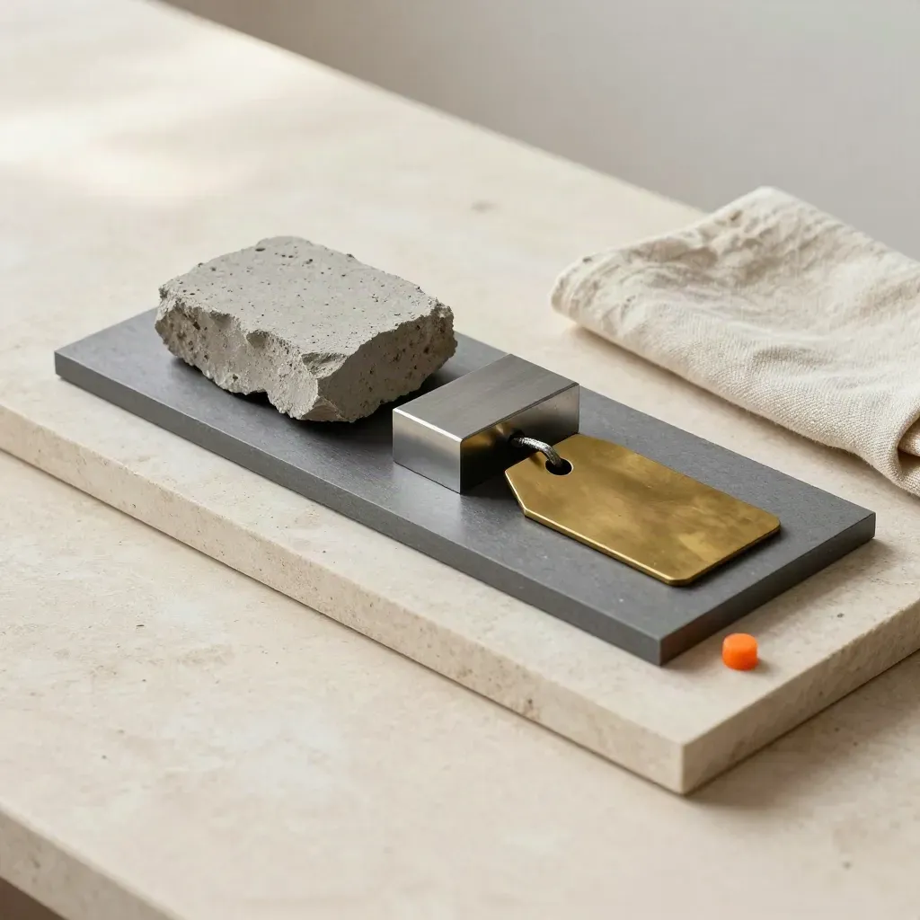Concrete, steel, and brass sample board on pale stone with folded linen and soft daylight.