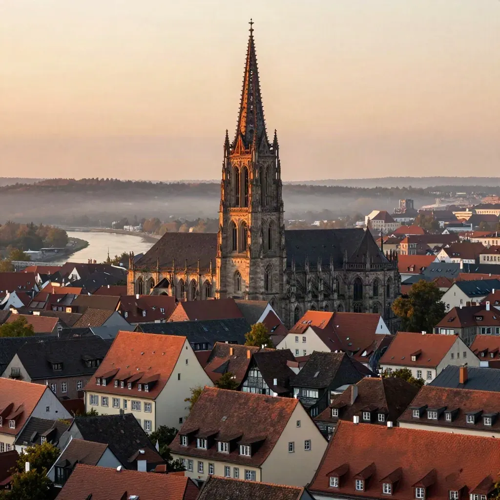 Ulm Minster above terracotta roofs and river haze at sunset